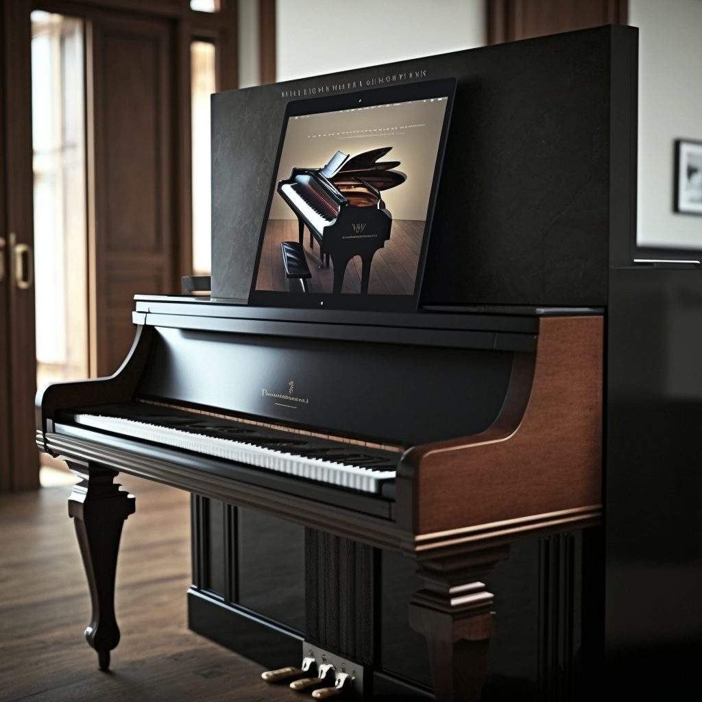 A steinway model F upright piano with a tablet generated by AI