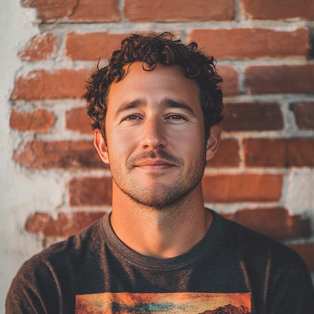 Natural portrait photo of a 32-year-old male beatmaker